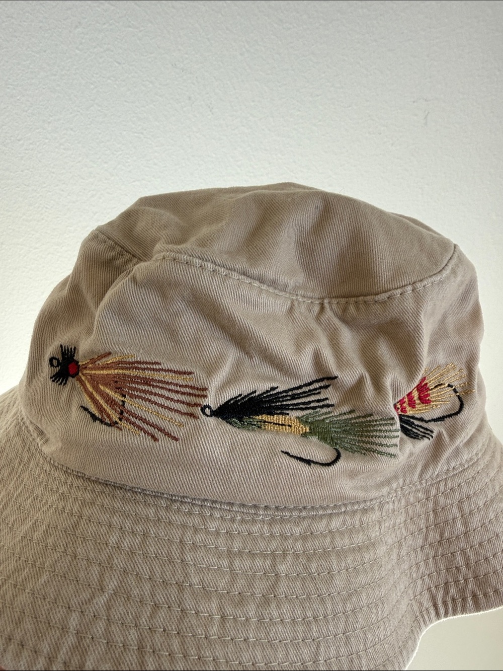 Beige Bucket Hat with Fishing Fly Embroidered Detail